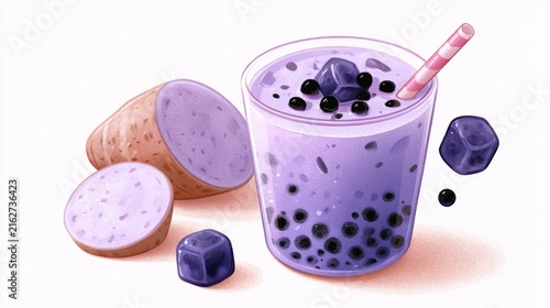Taro Milk Bubble Tea with Tapioca Pearls,menu in cafe,Trendy,boba milk tea,banner for background,2026 food trends,space for text.