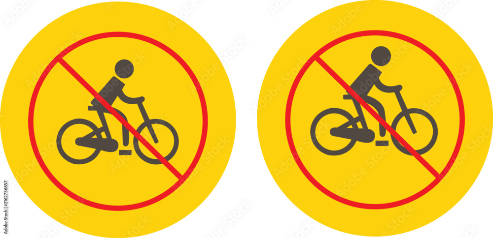 Naklejka premium No cycling allowed vector icon set, yellow circular prohibition signs with red cross and bicycle rider symbol