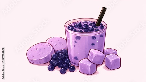 Taro Milk Bubble Tea with Tapioca Pearls,menu in cafe,Trendy,boba milk tea,banner for background,2026 food trends,space for text.