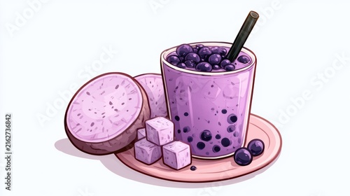 Taro Milk Bubble Tea with Tapioca Pearls,menu in cafe,Trendy,boba milk tea,banner for background,2026 food trends,space for text.