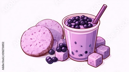 Taro Milk Bubble Tea with Tapioca Pearls,menu in cafe,Trendy,boba milk tea,banner for background,2026 food trends,space for text.
