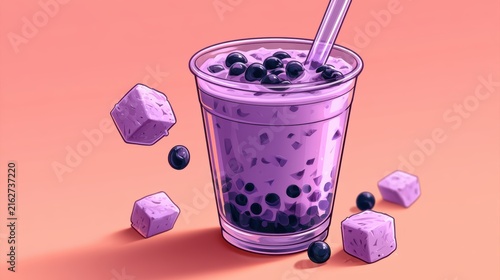 Taro Milk Bubble Tea with Tapioca Pearls,menu in cafe,Trendy,boba milk tea,banner for background,2026 food trends,space for text.