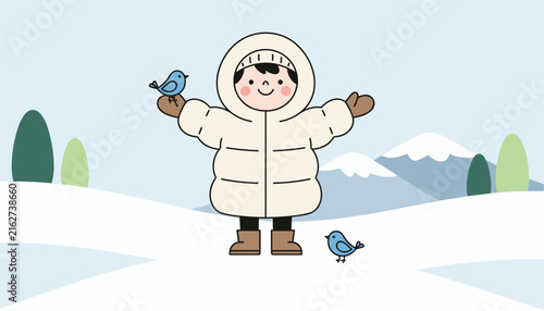 Happy cartoon child wearing a warm white winter coat and mittens, standing in the snow with small blue birds.