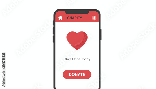 Mobile phone displaying a charity donation application with a red heart icon and a donate button on the screen.