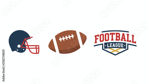 American football equipment featuring a navy blue helmet, a brown leather ball, and a professional football league emblem.