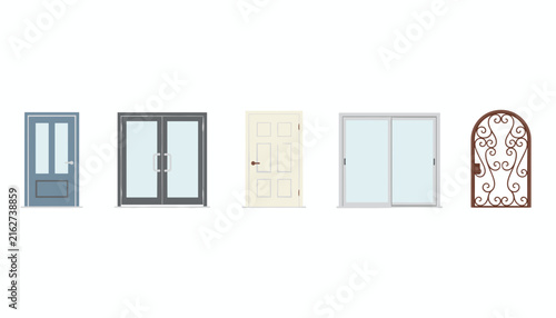 Collection of five different house door designs including glass, wooden, sliding, and decorative metal arch doors.