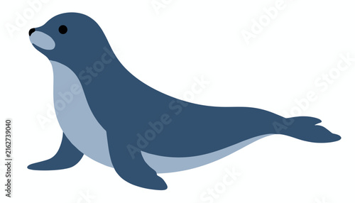 Simple and clean illustration of a dark blue harbor seal or sea lion resting gracefully on a white background.