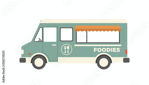 Side view of a retro green and cream food truck with an orange awning, displaying a fork and spoon logo and the word Foodies.