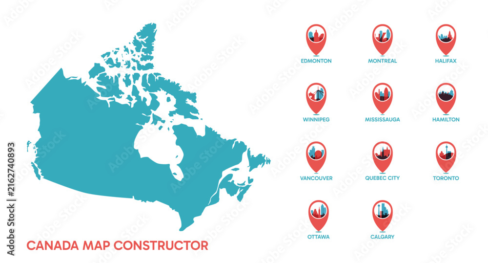 Fototapeta premium Canada map constructor set with city location pins for Edmonton, Montreal, Winnipeg, Toronto, Vancouver, Ottawa, Calgary and more. Vector travel infographics design bundle