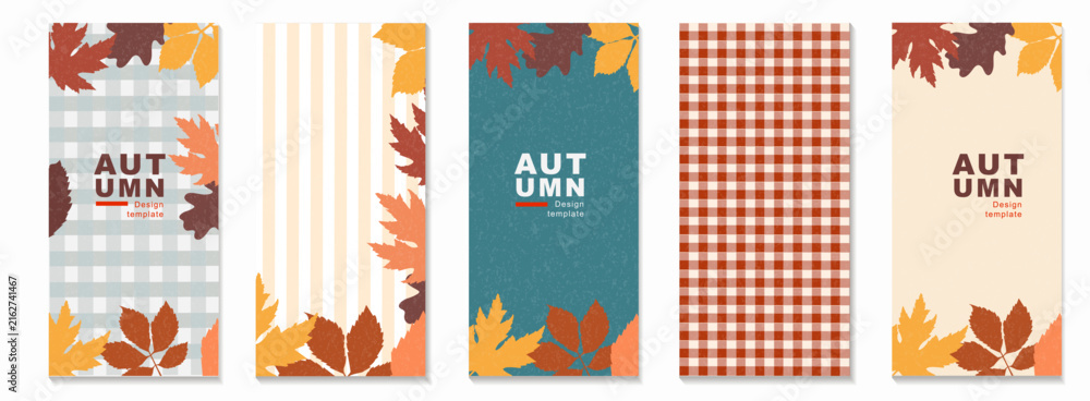 Naklejka premium Autumn design template set. Five vertical portrait banners with textured fall leaves, gingham plaid, and stripe patterns. Retro vector layouts for seasonal social media stories or flyers.