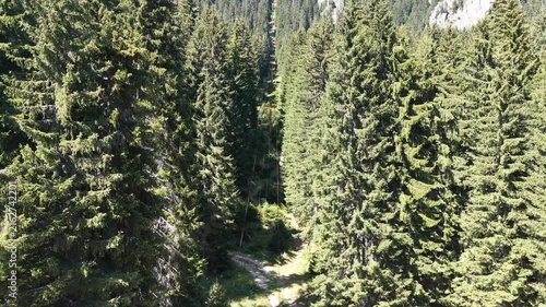 Backward aerial reveal of an abandoned chairlift station in the green pine forest