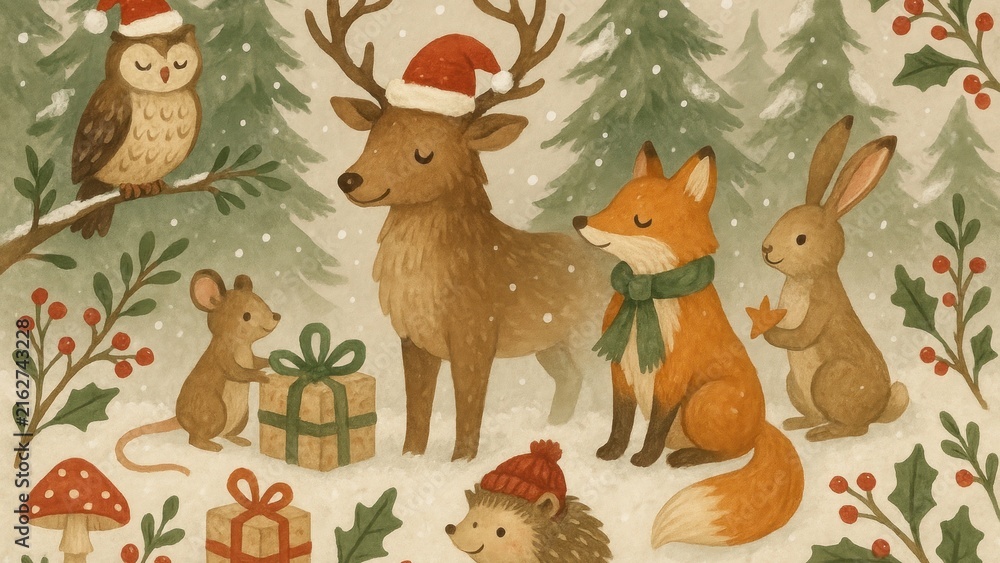 Naklejka premium Whimsical woodland creatures celebrate desktop wallpaper