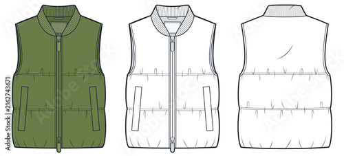 Quilted Puffer Vest Fashion Flat Technical Drawing Template, olive and outline, front and back views. Unisex Outerwear CAD Mockup