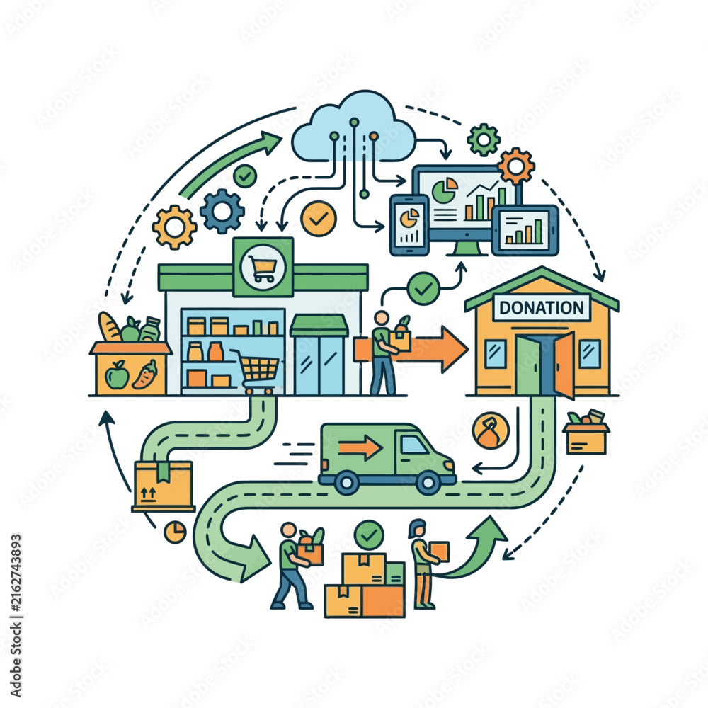 Fototapeta premium Food donation and supply chain vector illustration showing grocery logistics, delivery trucks, cloud data, and community charity.