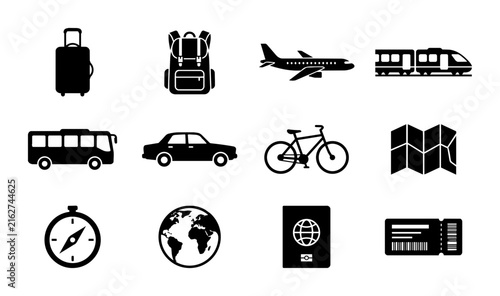 Travel Icons Collection: Transportation, Navigation, and Luggage Vector Set for Journeys and Adventures