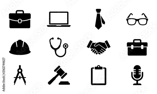 Professional Icons Set: Business, Law, Healthcare, Technology, and Career Symbols in Black Silhouette