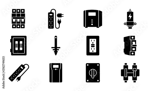 Electrical Components Icons Set, Power Supply Units, Circuit Breakers, Surge Protectors, Switches, Plugs, Vector Graphics for Energy and Technology