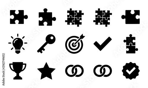 Puzzle Pieces, Key, Target, Checkmark, Trophy, Star, Rings, Badge Icons Set, Vector Graphic Elements for Solutions, Strategy, Success, Partnership, Achievement