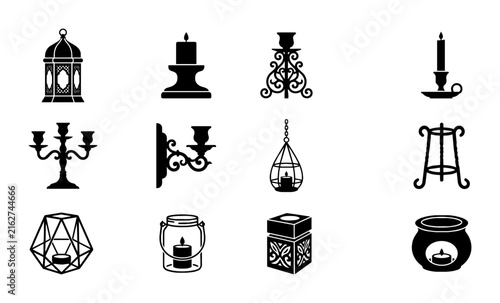 Elegant Candle Holder Vector Icons Set, Ornate Candelabra and Lantern Silhouettes, Romantic Lighting and Ambiance Graphics