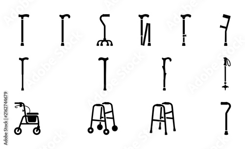 Mobility Aids Collection, Senior Walking Canes, Rollators, Walkers, Medical Support Equipment Vector Icons Set