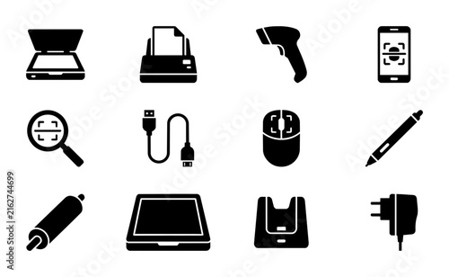 12 Technology Icons: Scanner, Printer, Barcode Reader, Smartphone, Magnifier, USB Cable, Mouse, Stylus, Laser Pointer, Tablet, Docking Station, Power Adapter