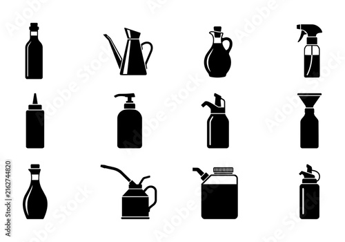 Kitchen Dispenser Icons, Cooking Oil Bottles, Sauce Containers, Spray Bottles, Vector Set for Culinary and Cleaning Applications