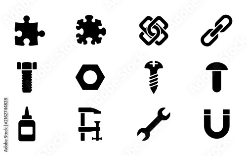 Set of 12 Black and White Icons: Puzzle Pieces, Chain Links, Nuts, Bolts, Screws, Wrenches, Glue, Clamp, Magnet, and Abstract Shapes for DIY, Engineering, and Construction Concepts