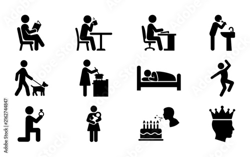 Daily Life Icons Set, 12 Pictograms for Activities, Lifestyle, and Human Actions, Simple Black and White Vector Graphics for Web and Print