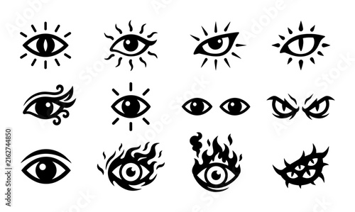 Mystical Eye Icons Set, All-Seeing Vision Symbols, Psychic Gaze Graphics, Supernatural Awareness Vector Collection, Spiritual Insight Elements