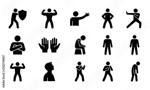 Diverse Human Figure Icon Set: Strength, Emotion, Action Poses, Silhouette Collection for Web and Print Design