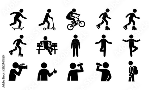 Active Lifestyle Stick Figure Icons Set, Diverse Sports and Recreation Pictograms, Human Silhouette Collection for Web and Print Design