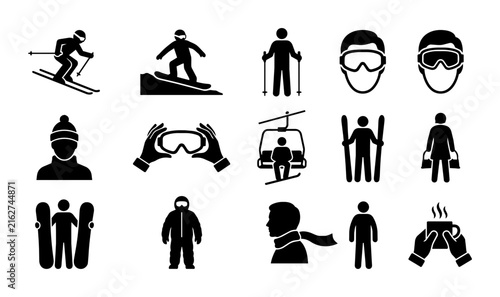 Winter Sports Icons Set: Skiing, Snowboarding, and Mountain Activities Pictograms for Outdoor Recreation and Lifestyle Graphics