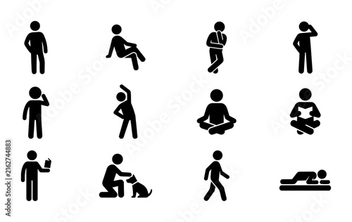 Diverse Human Figure Poses Vector Icons Set, Stickman Silhouette Actions Collection, Simple Black and White Pictograms for Lifestyle and Activity Graphics