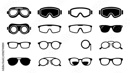 Diverse Eyewear Collection, Vector Icons: Sunglasses, Goggles, Spectacles, Monocle, Retro & Modern Styles for Fashion and Safety
