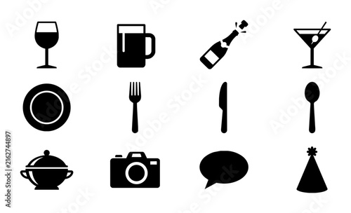 12 Black and White Food and Drink Icons Set, Restaurant Service and Celebration Symbols, Vector Graphics for Menus and Events