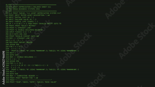 Retro monochrome green system overlay with business basic program