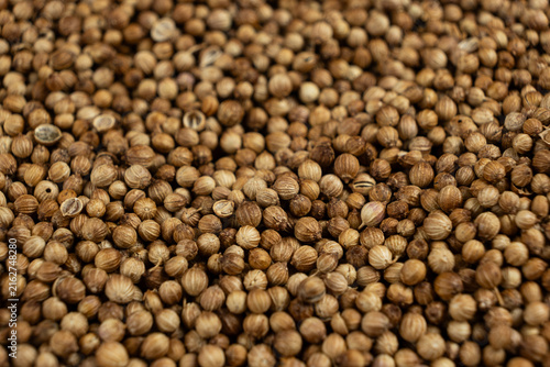 Aromatic dried coriander seeds background for culinary recipe and menu