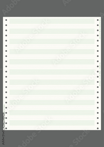 Vector illustration of vintage continuous green bar tractor-feed computer paper with perforated pinfeed edges and green bars. Ideal retro background for technology, data, and accounting designs.