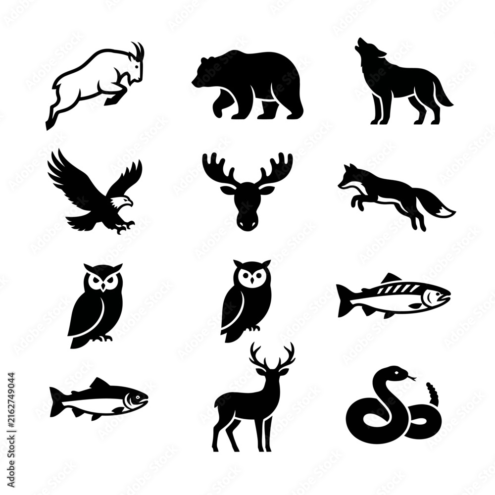 Obraz premium Black wildlife animal silhouette collection on white background