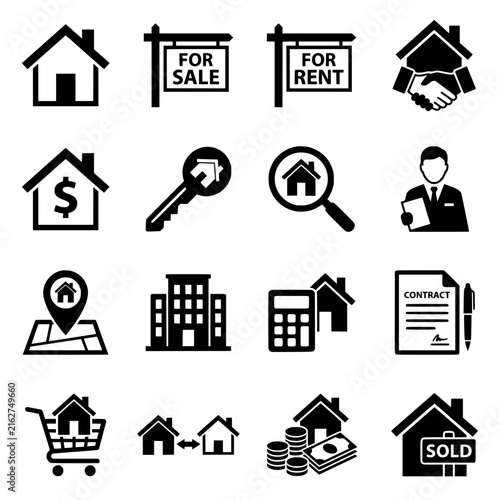 Real estate icons set, 16 black property symbols. House for sale and rent signs, mortgage and home insurance vector graphics.