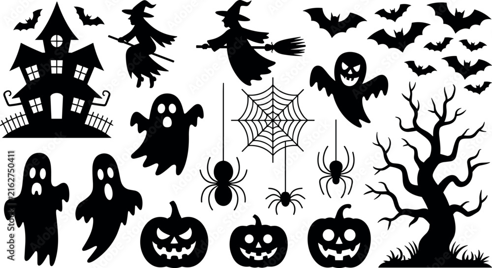 Fototapeta premium Set of black silhouette Halloween vector icons and spooky elements for seasonal design