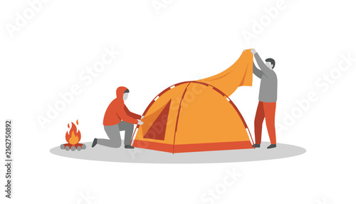 Two people working together to assemble an orange camping tent near a cozy outdoor campfire in a minimalist flat style illustration.