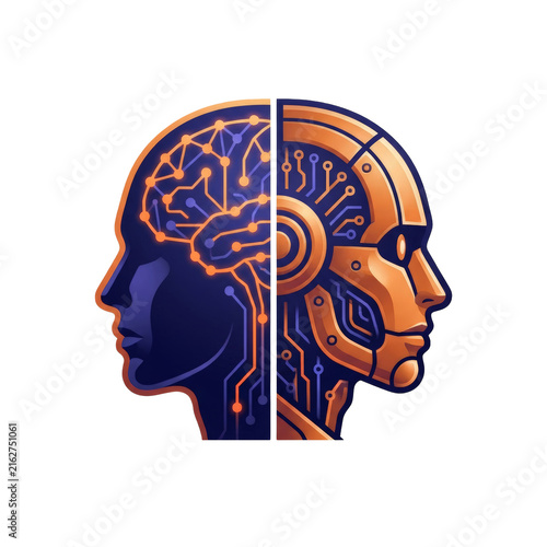 AI concept illustration showing split human head with one side representing digital brain and other robotic face, conveying intelligence and future technology