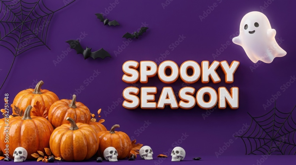 Fototapeta premium Halloween background with pumpkins, skulls, ghosts, and bats on a purple backdrop