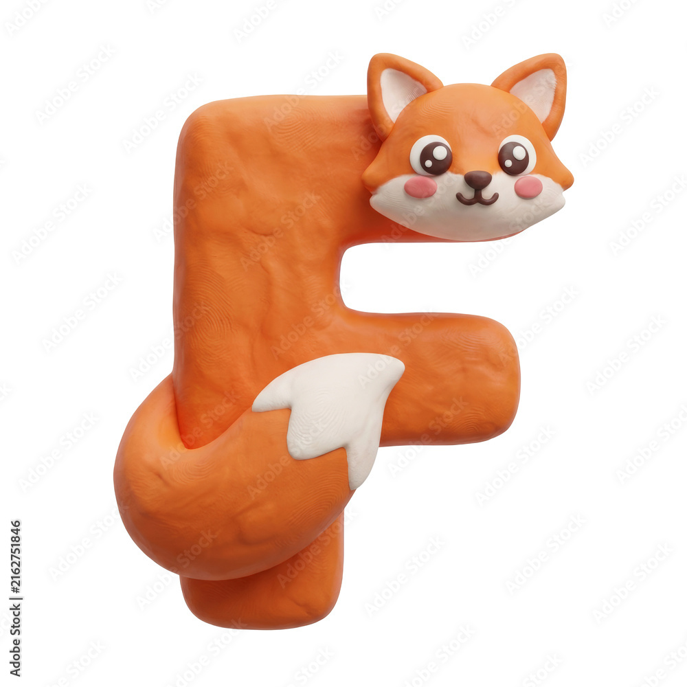 Naklejka premium Cute clay fox wrapped around playful letter F, conveying joy and charm for children educational materials or whimsical designs