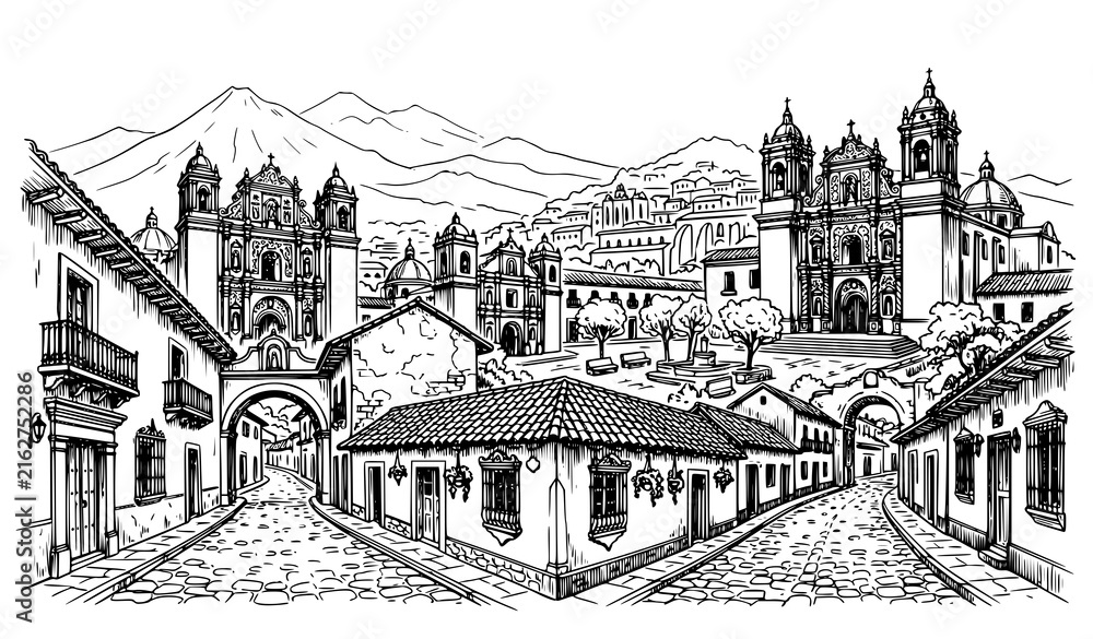 Obraz premium Guatemala Heritage Architecture Panoramic Cityscape Hand Drawn Black White Vector Illustration