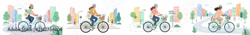 Set of vector illustrations featuring women riding bicycles in city park for eco friendly urban transport and healthy active lifestyle