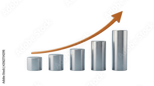 Silver metallic cylinder bar chart with rising orange arrow showing business growth as isolated element