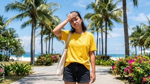 Young woman feeling hot and tired while walking on a sunny tropical beach pathway with palm trees
