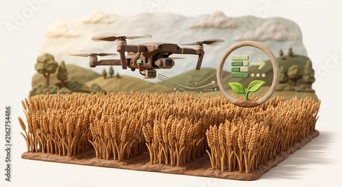 3D Render of Drone Flying Over Wheat Field with Sensor Icon, Smart Agriculture Technology Concept